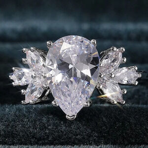 🌸Beautiful Water Drop With Leaf Crystal Pure CZ Silver Pear Wedding Ring, K800